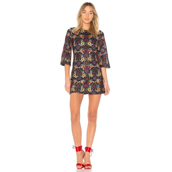 ALICE + OLIVIA Black Floral Embroidered Lace COLEY 3/4 Bell Sleeve Dress 8  M NEW